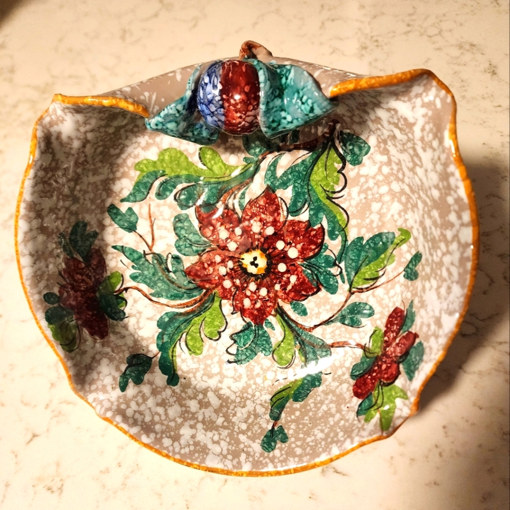 Italian Pottery Candy Bowl w/Peonies/Leaves Hand Painted